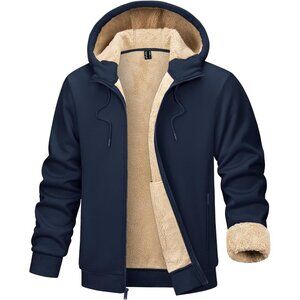 Mens Winter Hoodie Full Zip Fleece Sherpa Lined Warm Navy Casual Sweatshirt